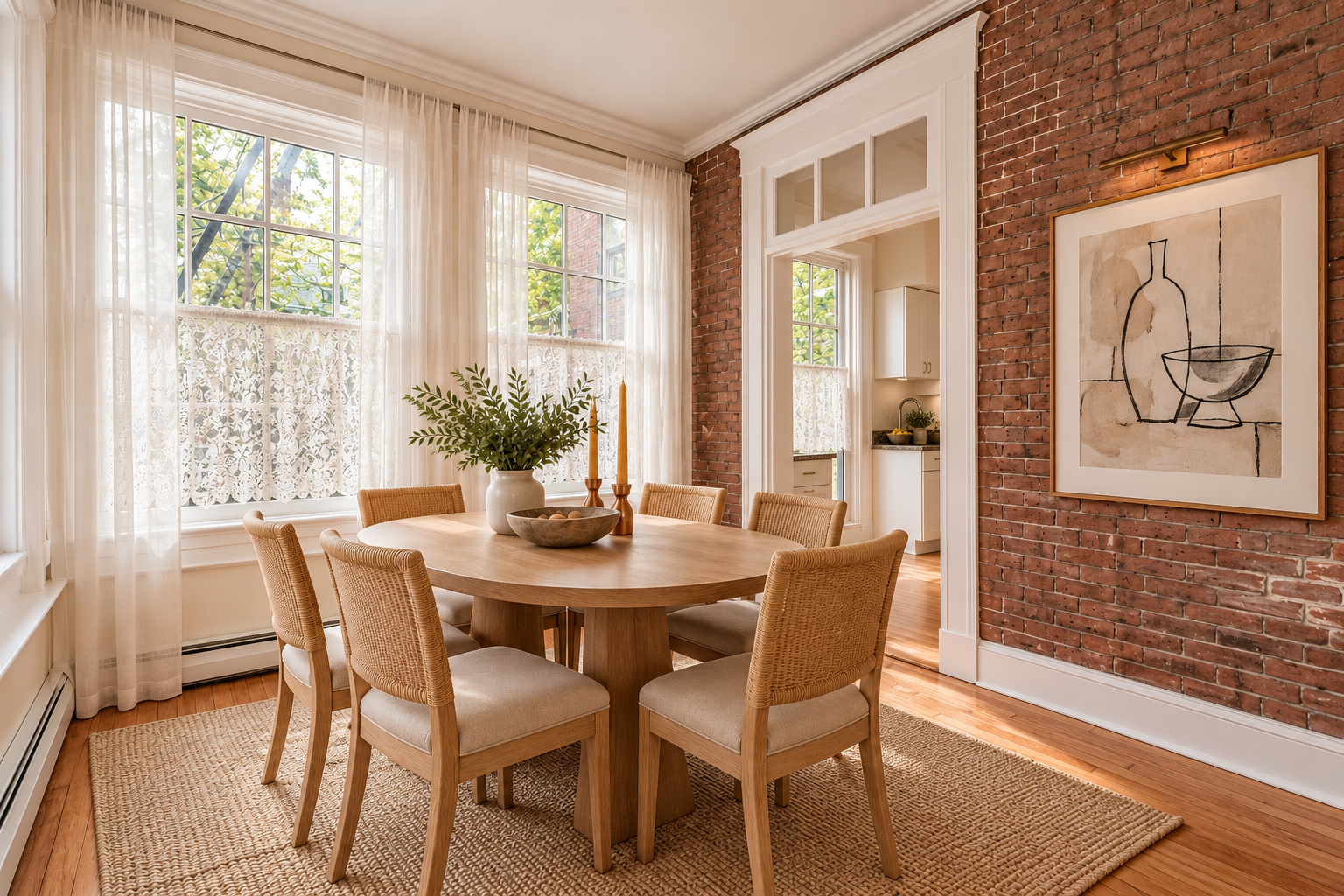 Dining room with exposed brick