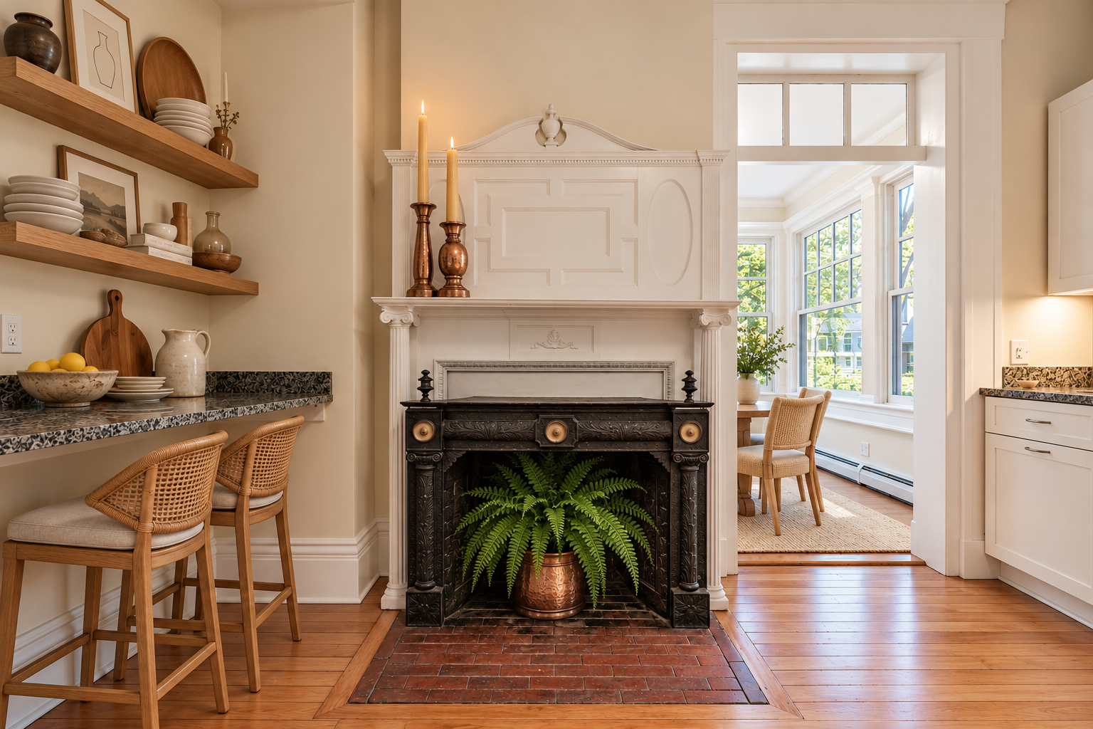 Kitchen with original fireplace