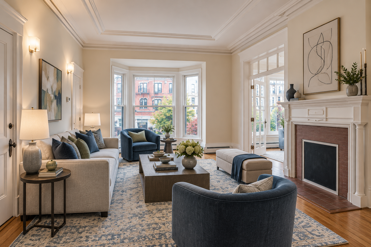 Apartment 2 living room with bay windows and fireplace