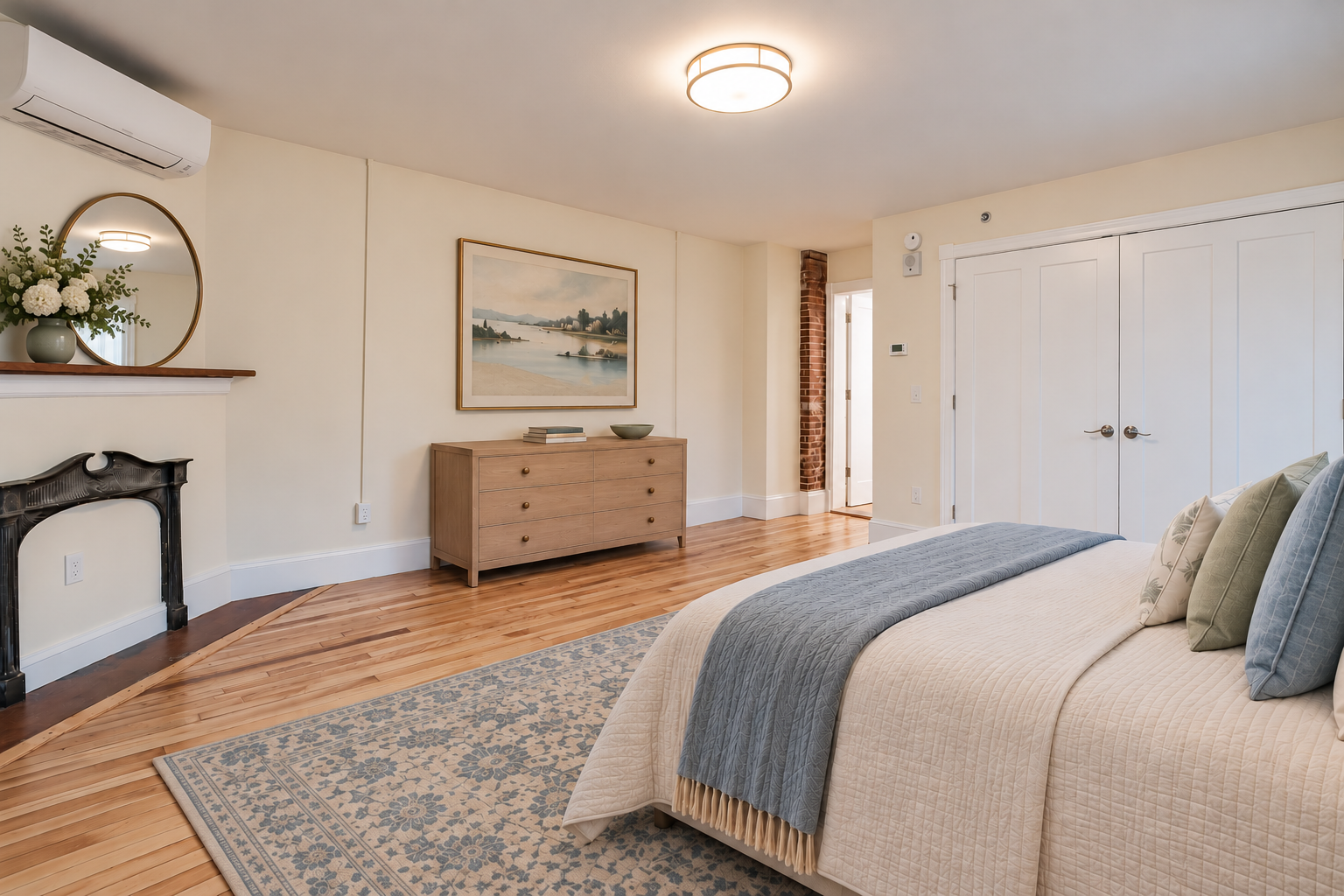 Primary bedroom with decorative fireplace and original hardwood floors