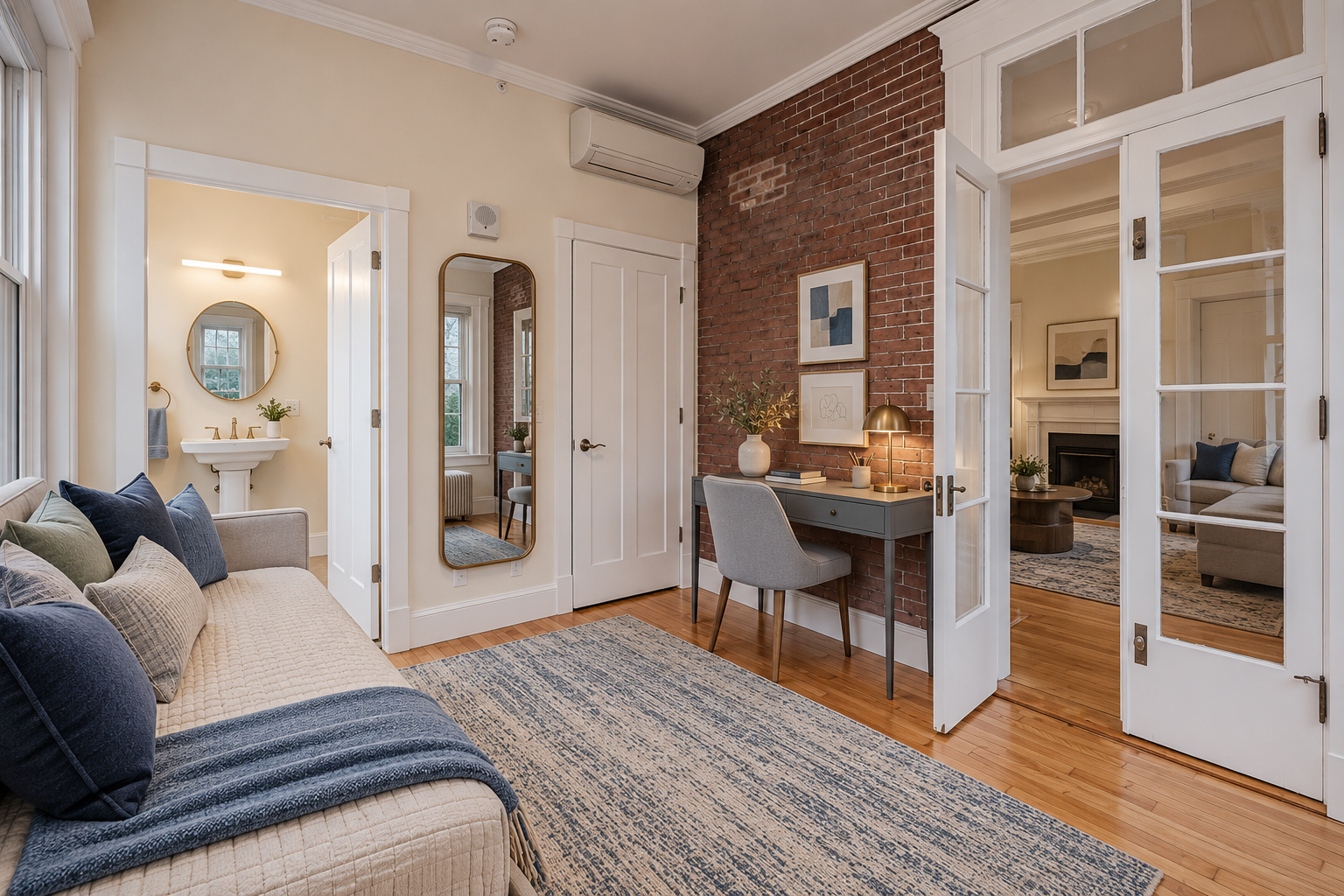 Second bedroom with desk nook and exposed brick